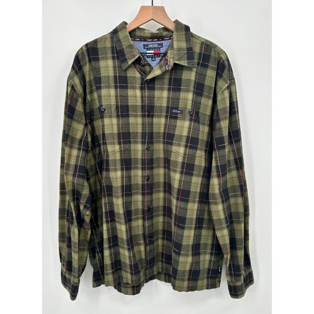 Tommy Jeans Flannel Shirt Men XL Green Plaid Button Up Long Sleeve Pockets Vinta